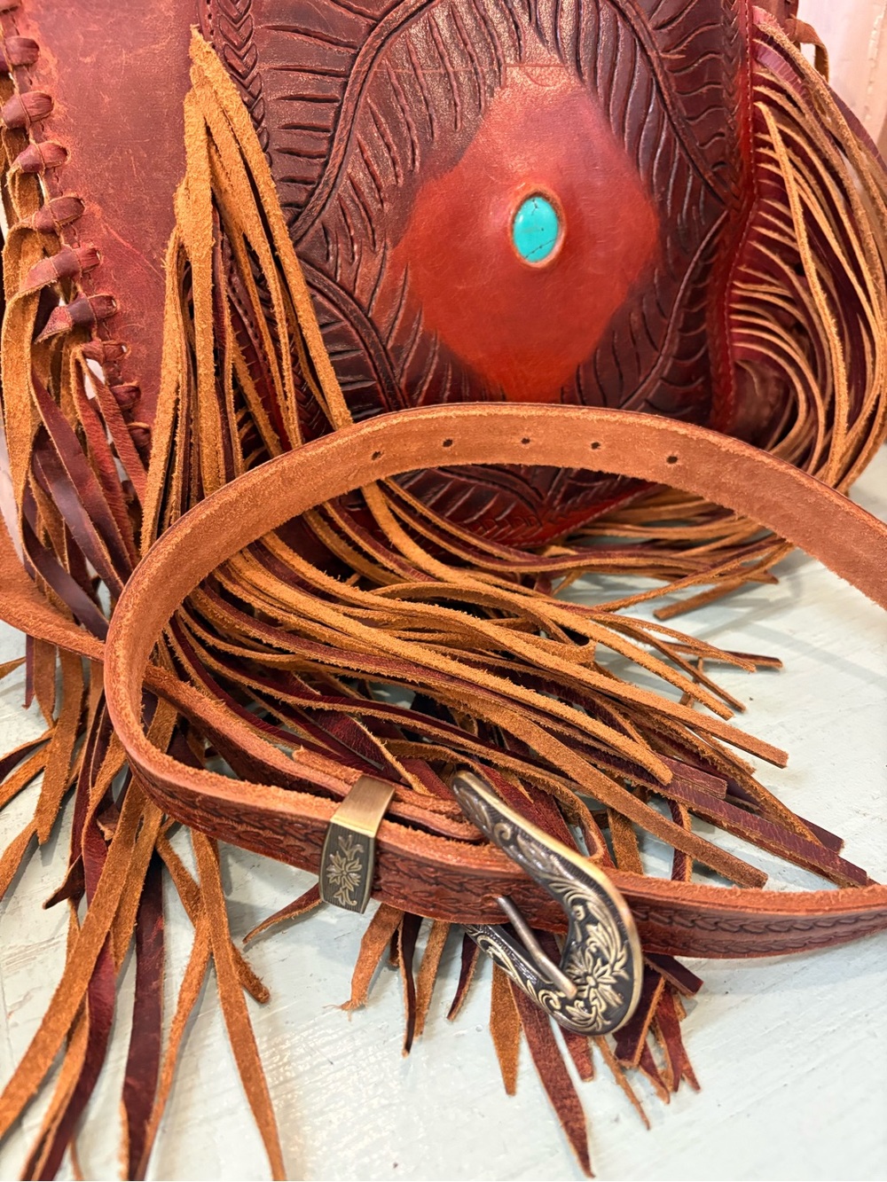 Brown Leather Fringe Crossbody Bag with Turquoise Accent - Picture 5 of 6